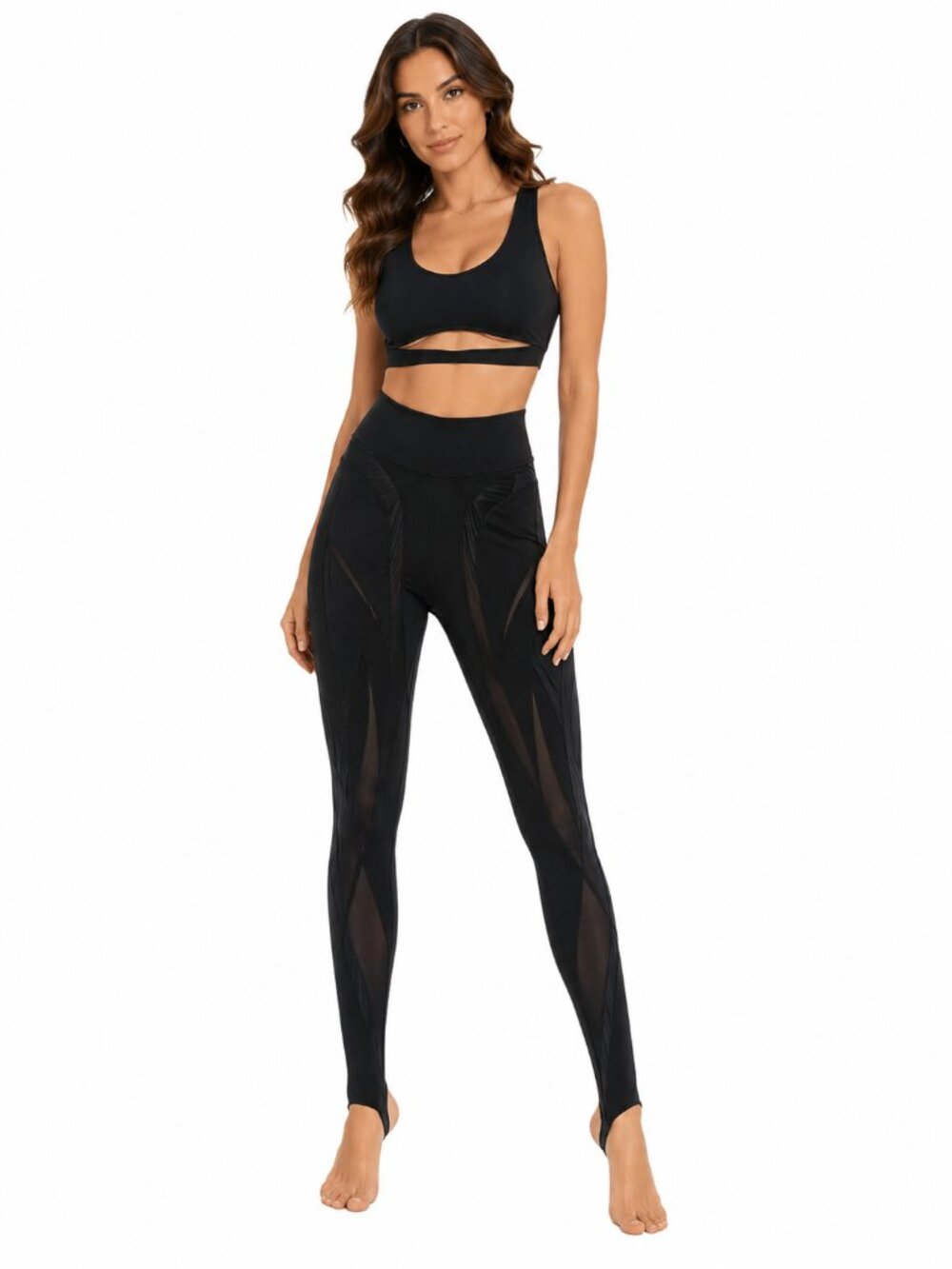 MANIÈRE DE VOIR Black Semi Sheer Mesh Panel Stirrup Leggings High Waist Size 8